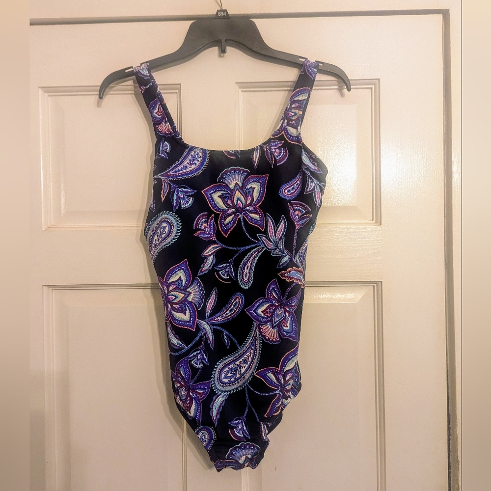 Lands' End Tugless One Piece Paisley Print Bathing Swim Suit Blue Purple sz 8D